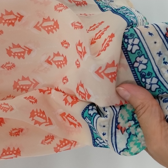 Blu Pepper sheer pin tucked front size large blouse coral cream & green flowy - Picture 3 of 8